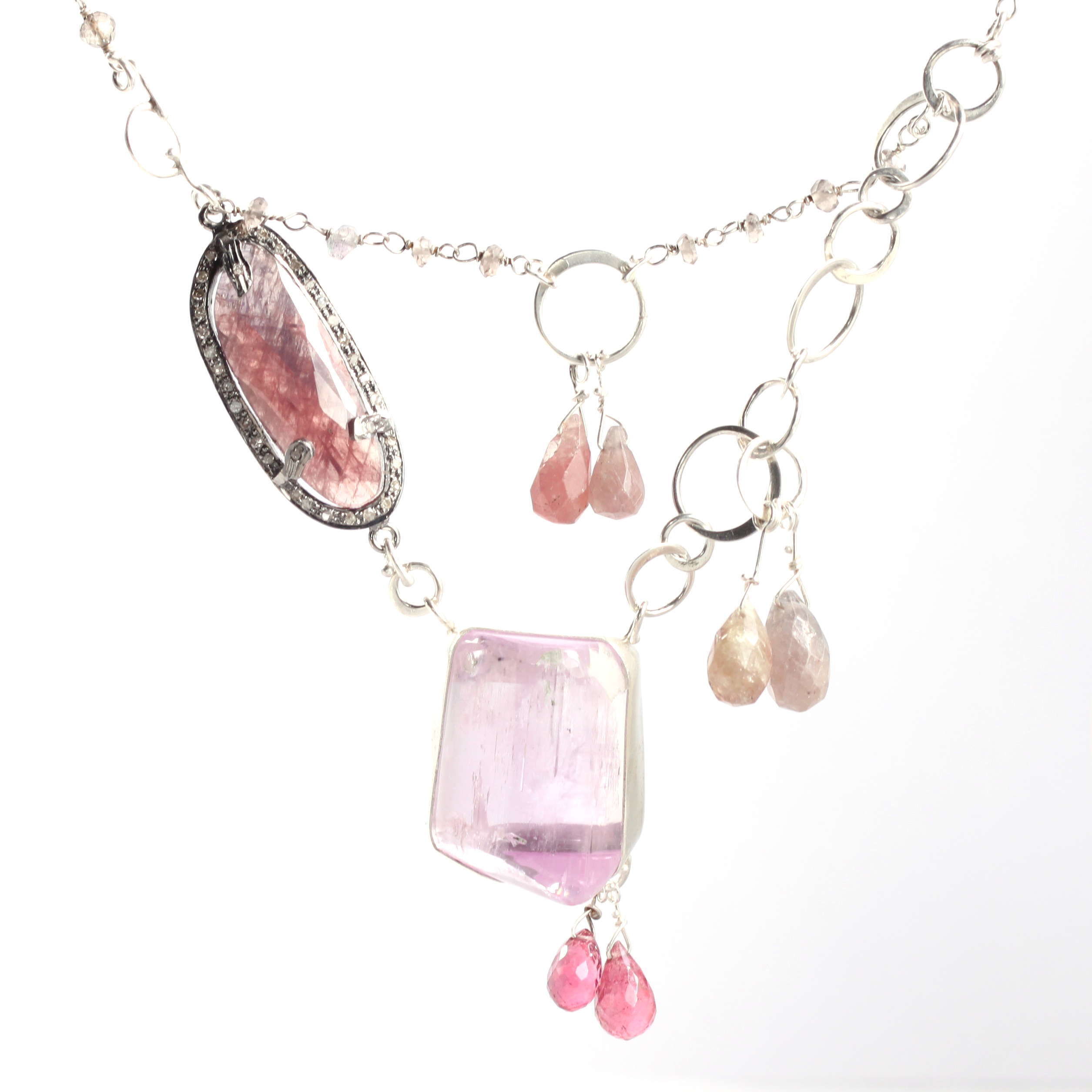 Pink Kunzite Necklace With Rose Cut Sapphire Surrounded by Diamonds, Umba Sapphire Briolettes & Pink Tourmaline Briolettes