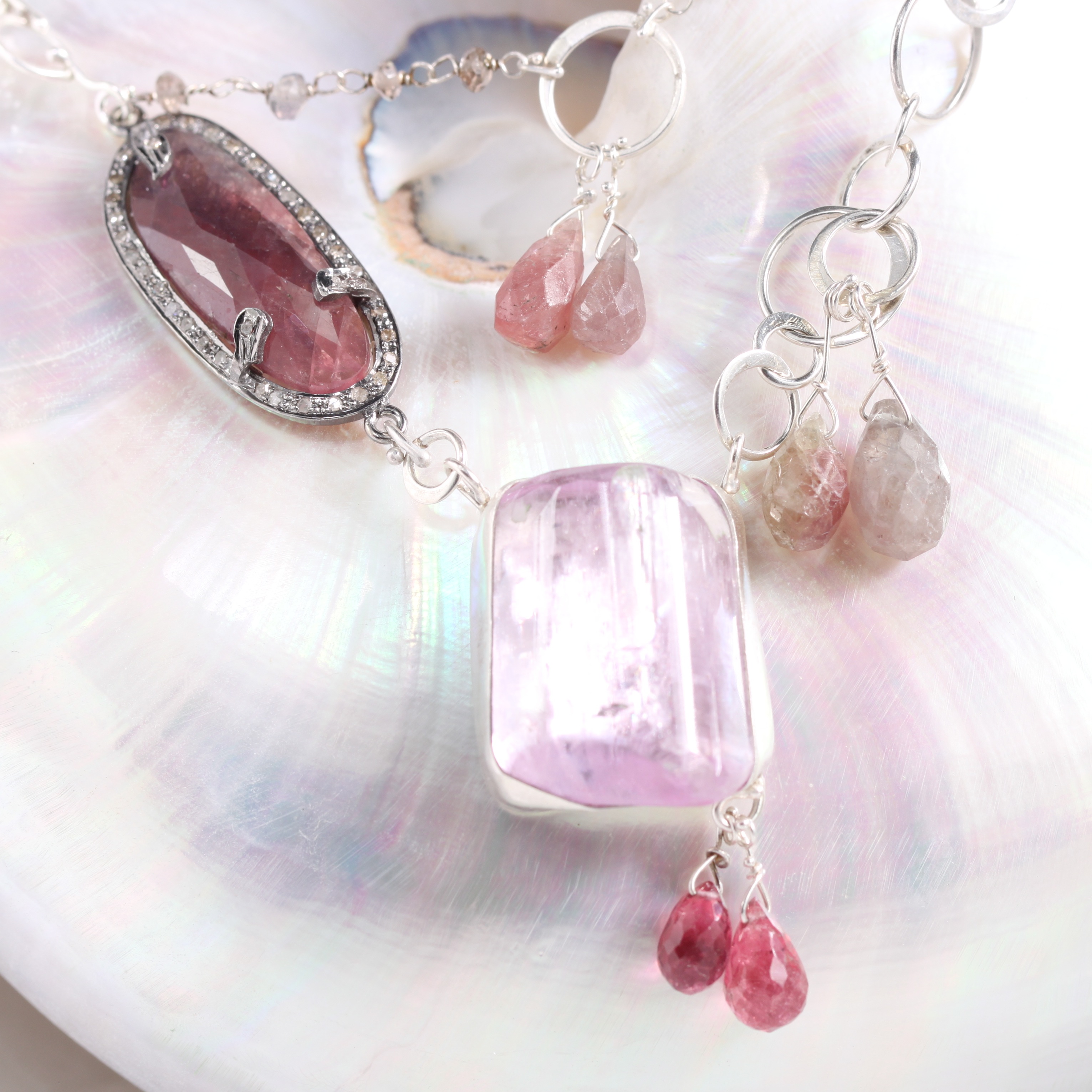 Pink Kunzite Sapphire Diamond Necklace CloseUp