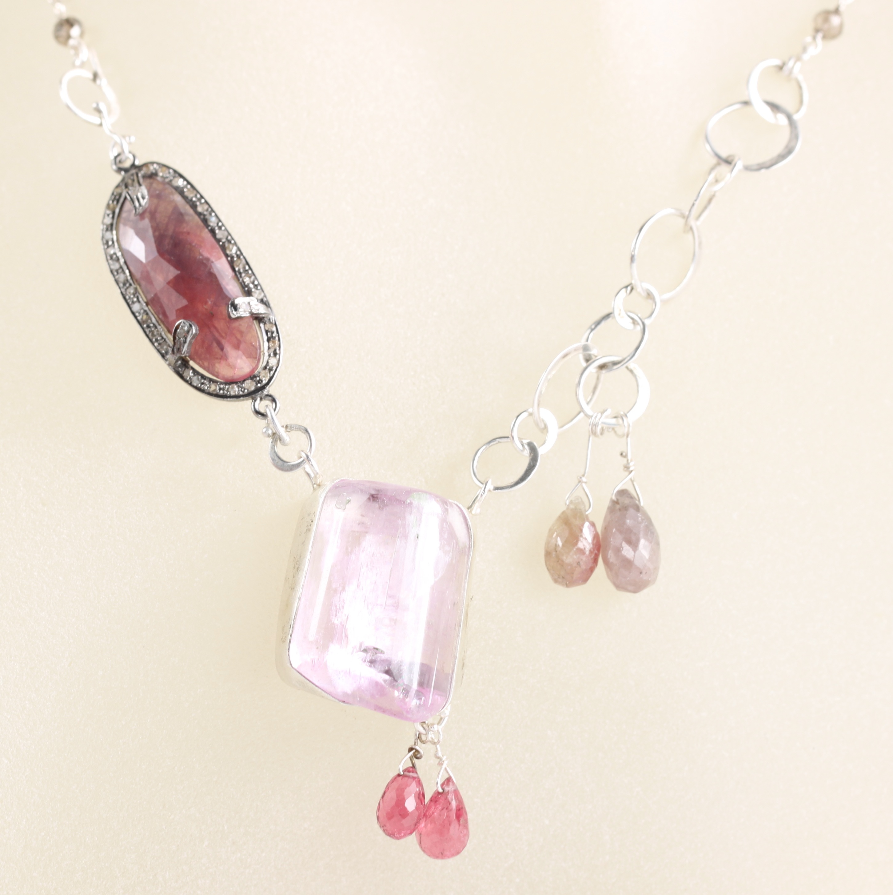 Pink Kunzite Necklace with Pink Tourmaline Briolettes, Umba Sapphire Briolettes & Rose Cut Sapphire with Diamonds