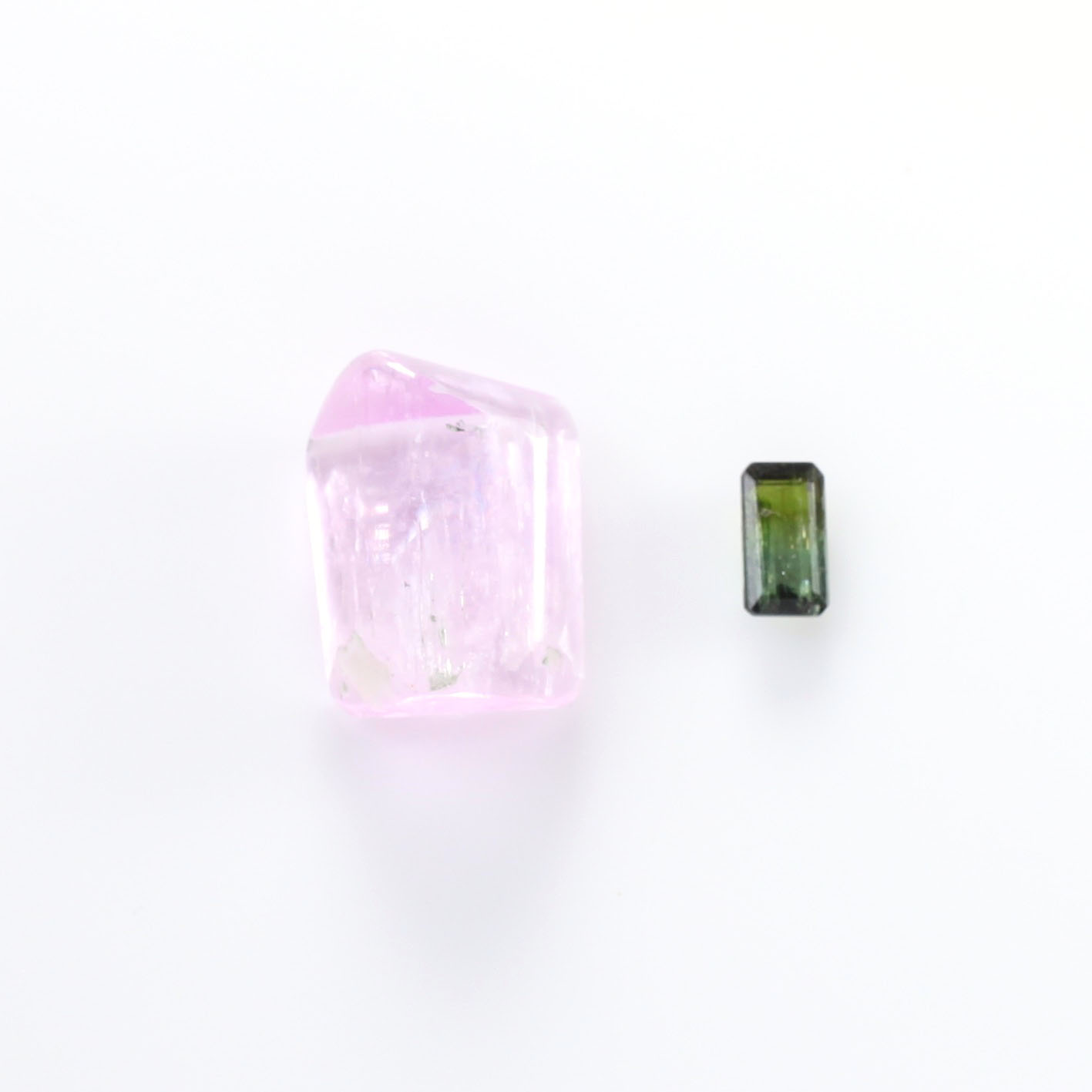 Pink Kunzite Crystal & Emerald Cut Green Tourmaline