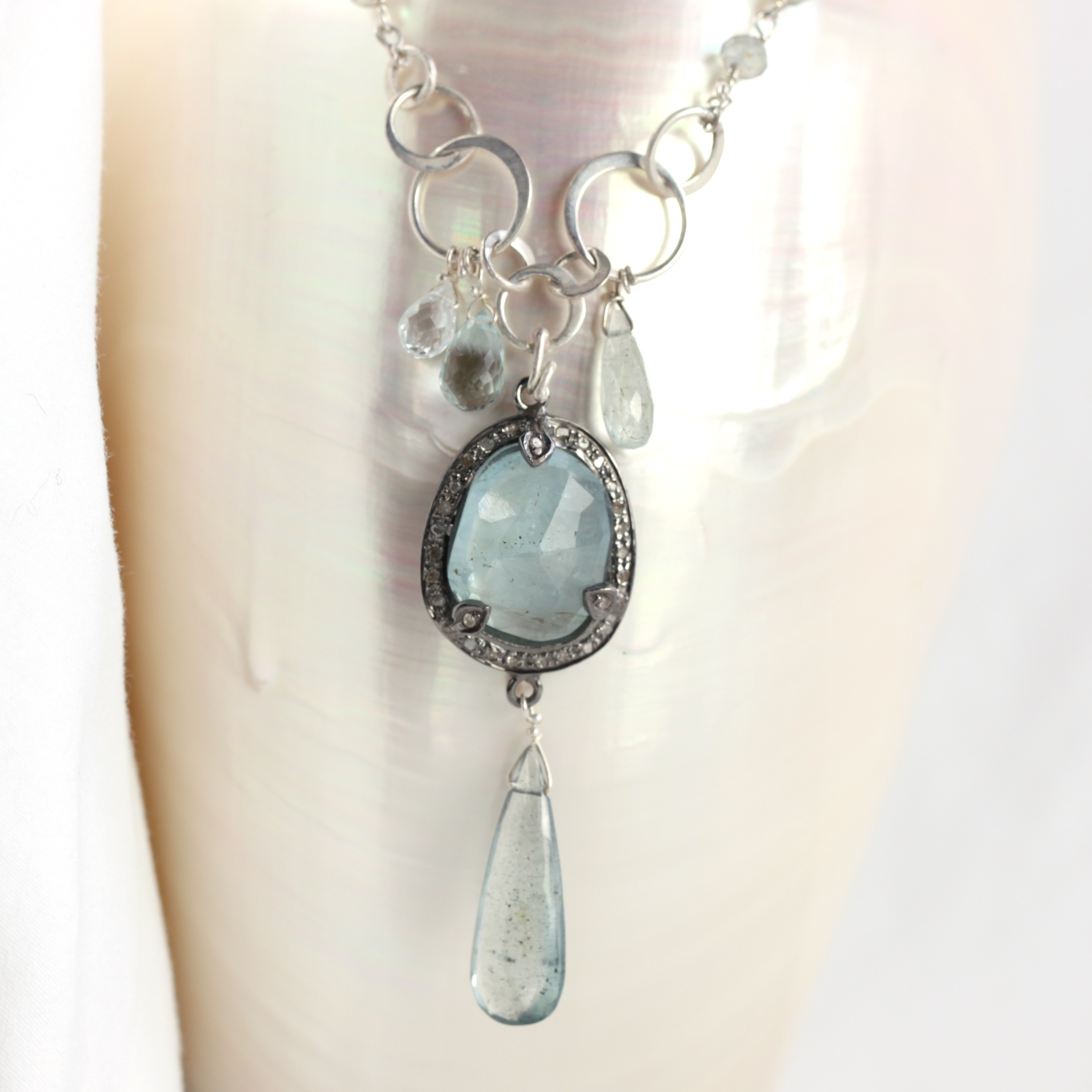 Rose Cut Aquamarine In Diamond Pave Setting with Moss Aquamarine Drop & Aquamarine Briolettes