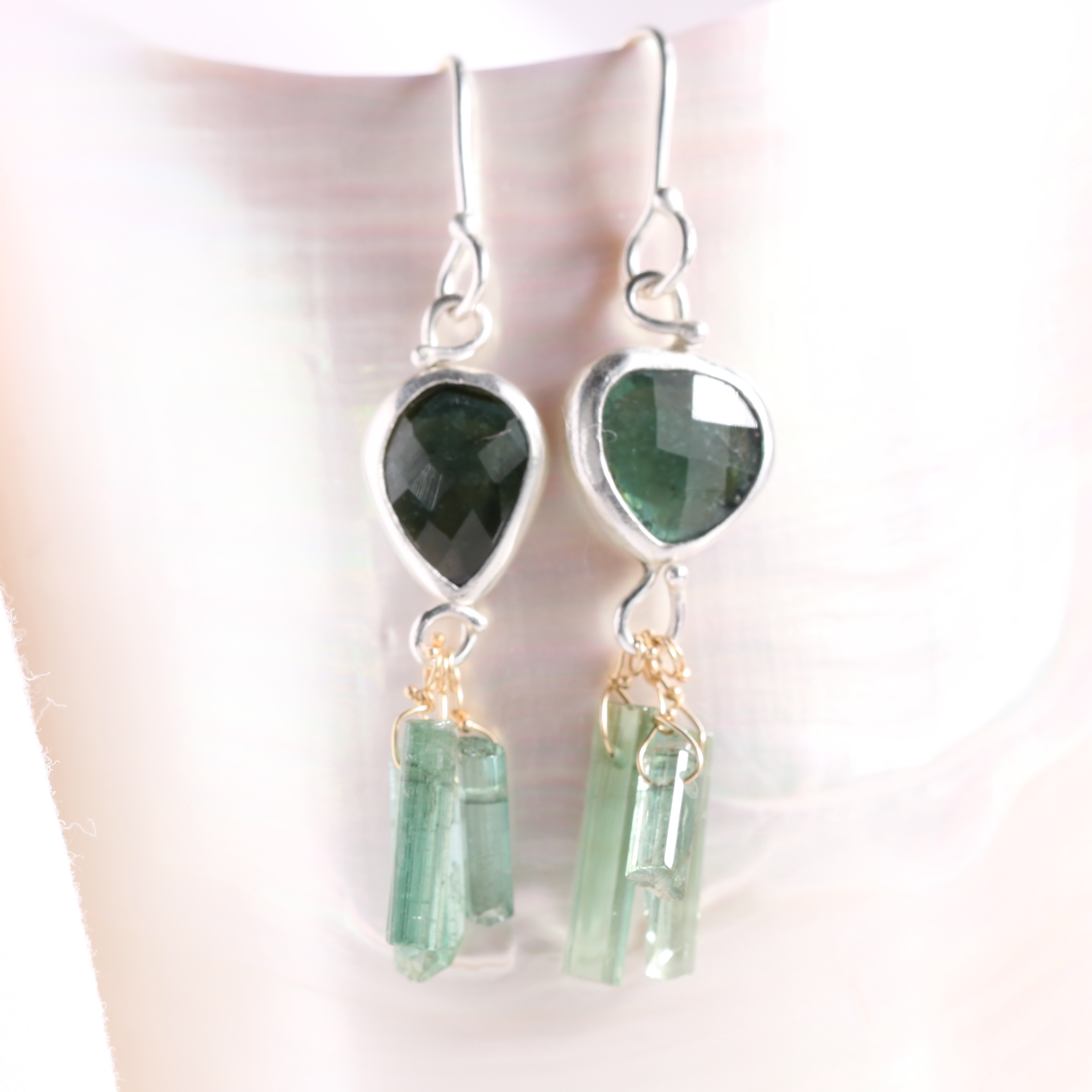 Rose Cut  Indicolite (Blue Tourmaline) Miss Matched Earrings with Tourmaline Crystal Fringe