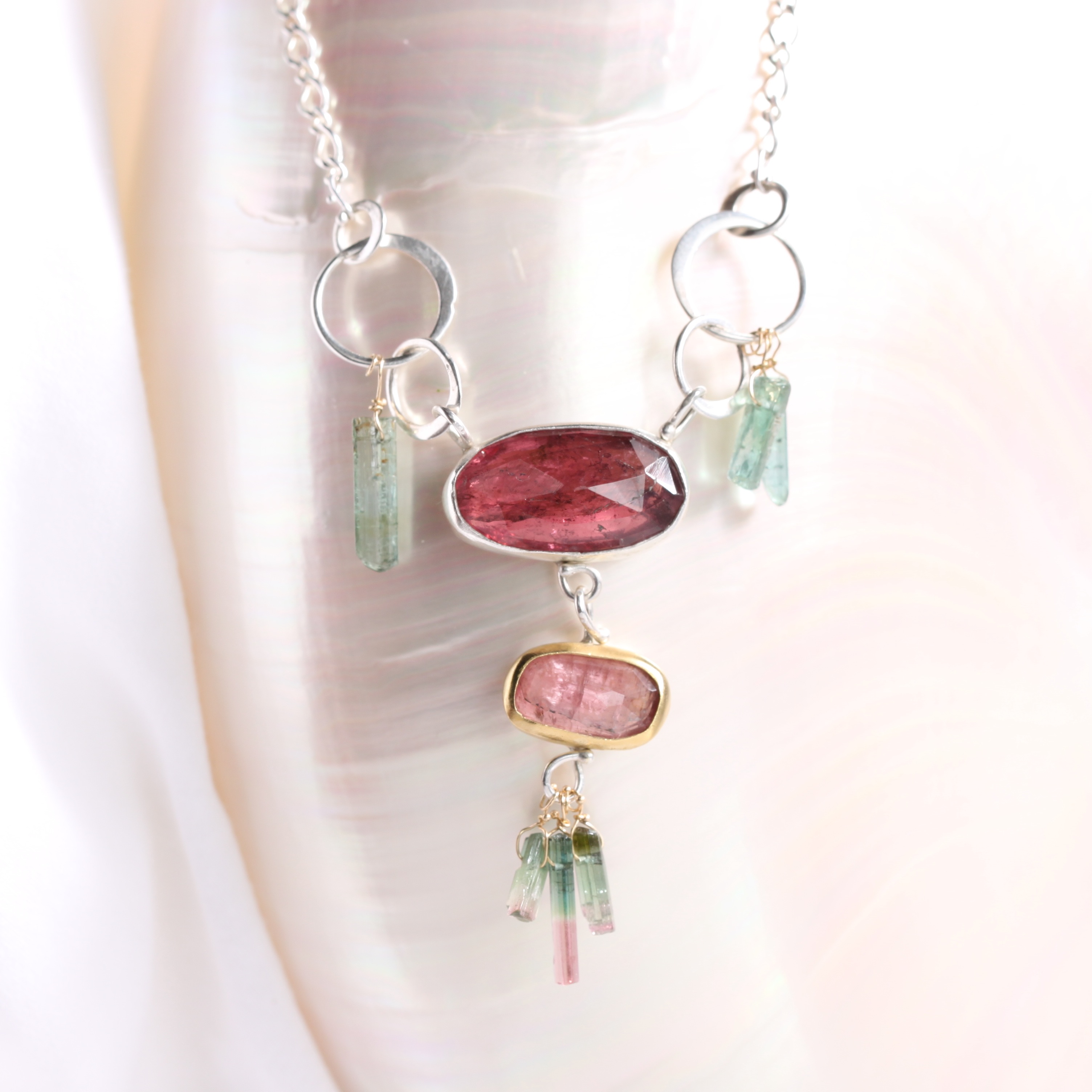 Rose Cut Pink Tourmaline Necklace Pendant with Tourmaline Crystal Fringe