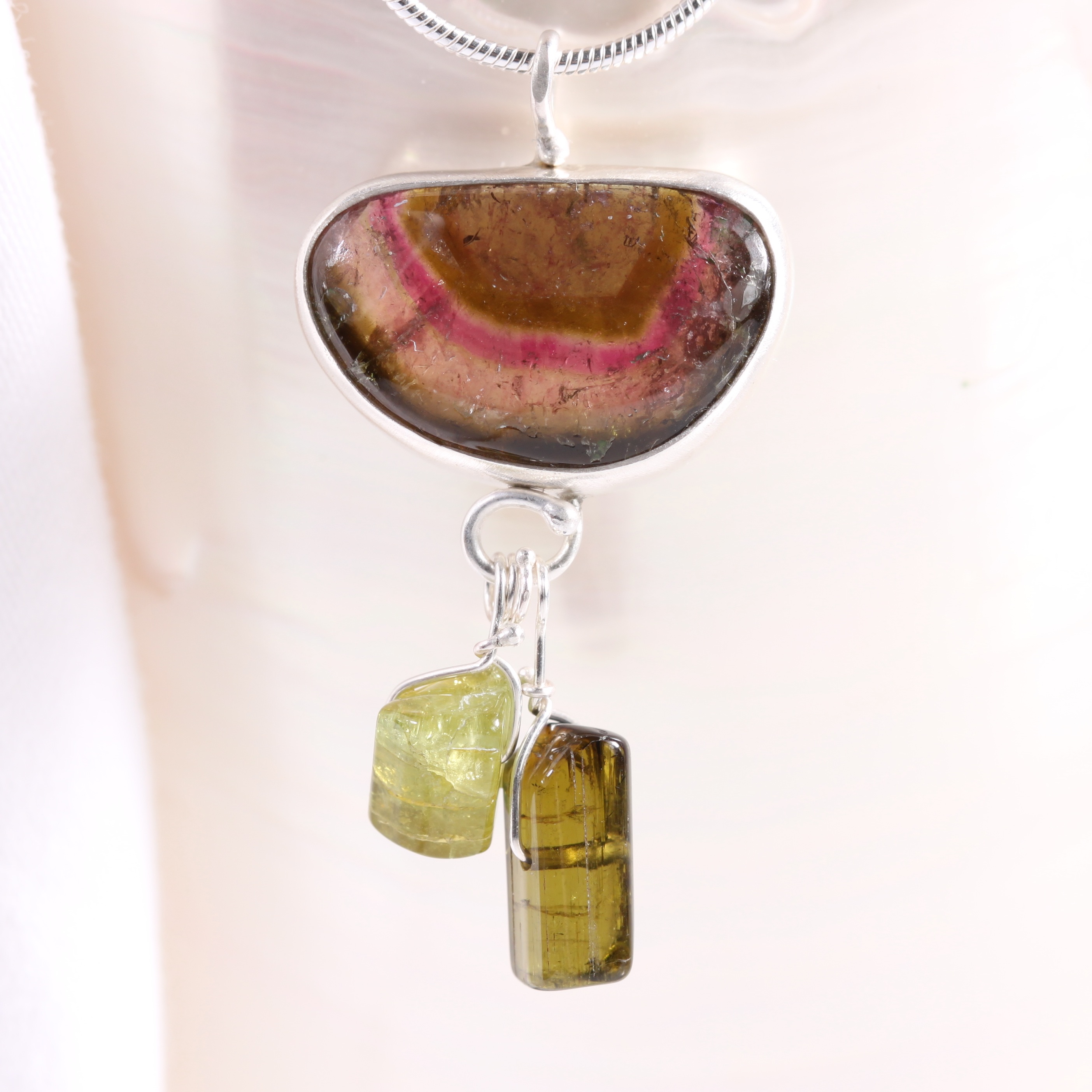 Watermelon Tourmaline Pendant with Green Tourmaline Crystals