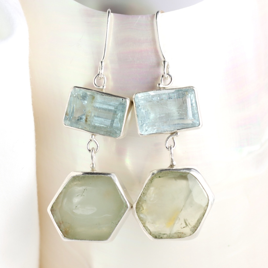 Emerald Cut Aquamarine Earrings With Green Beryl Slices