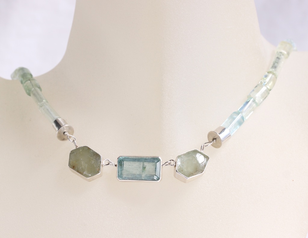 Green Beryl Slice Statement Necklace With Emerald Cut Aquamarine