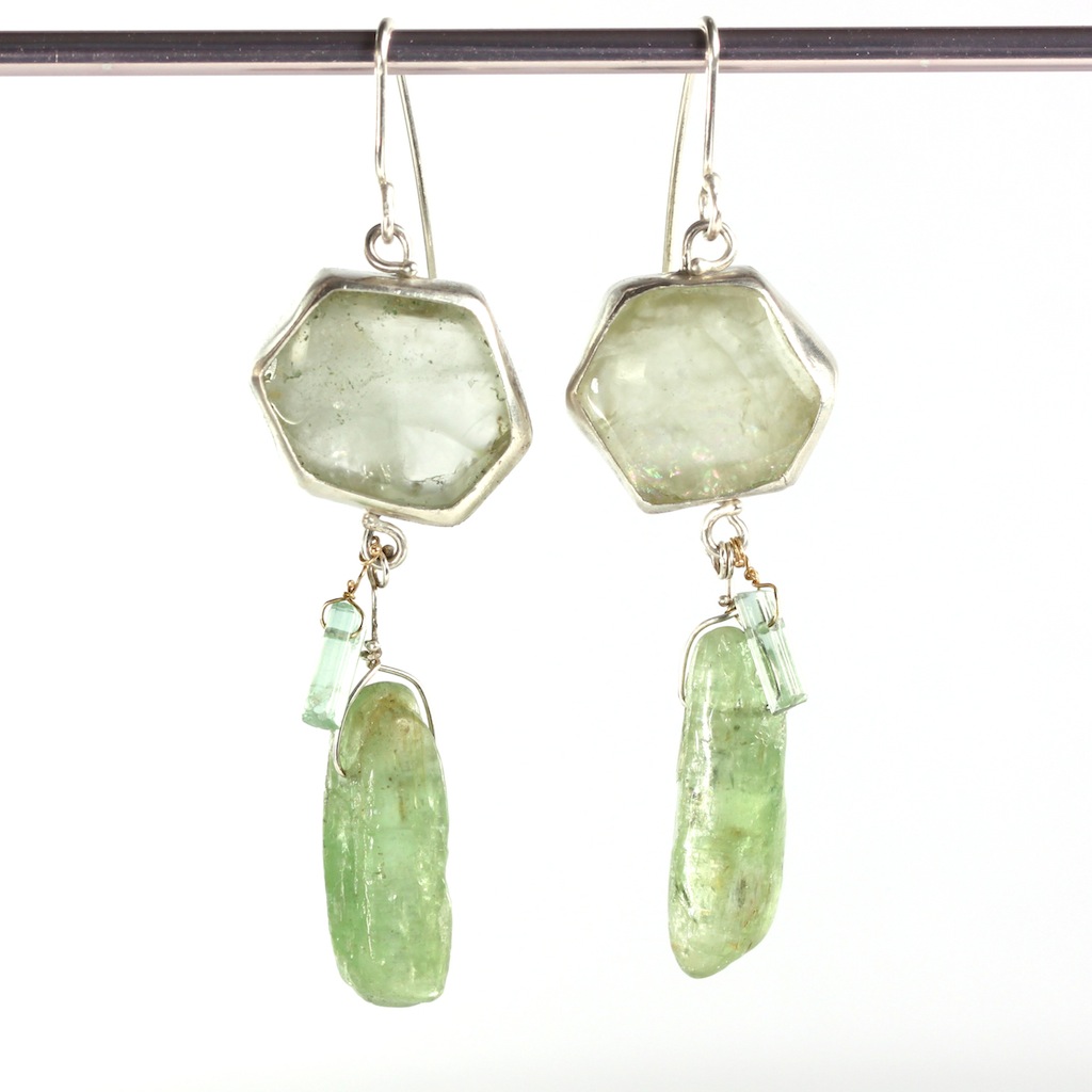 Green Beryl Slice Earrings With Green Kyanite & Tourmaline Crystal Drops