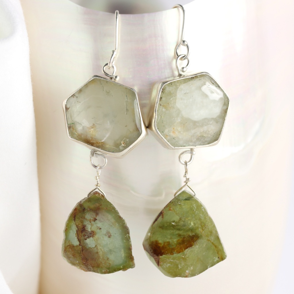 Green Beryl Slice Earrings With Raw Green Tourmaline Slice Drops 