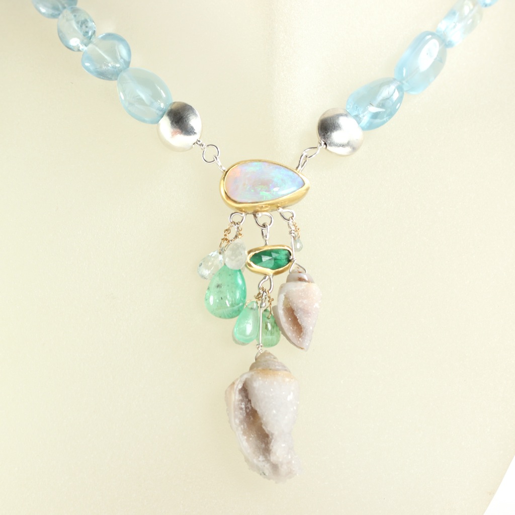 Opal Emerald Aquamarine Necklace With Druzy Fossil Shell Drops