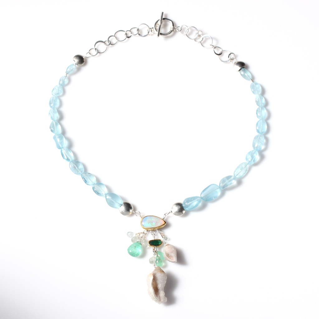 Full View of Opal Aquamarine Emerald Necklace With Druzy Fossil Seashell Drops