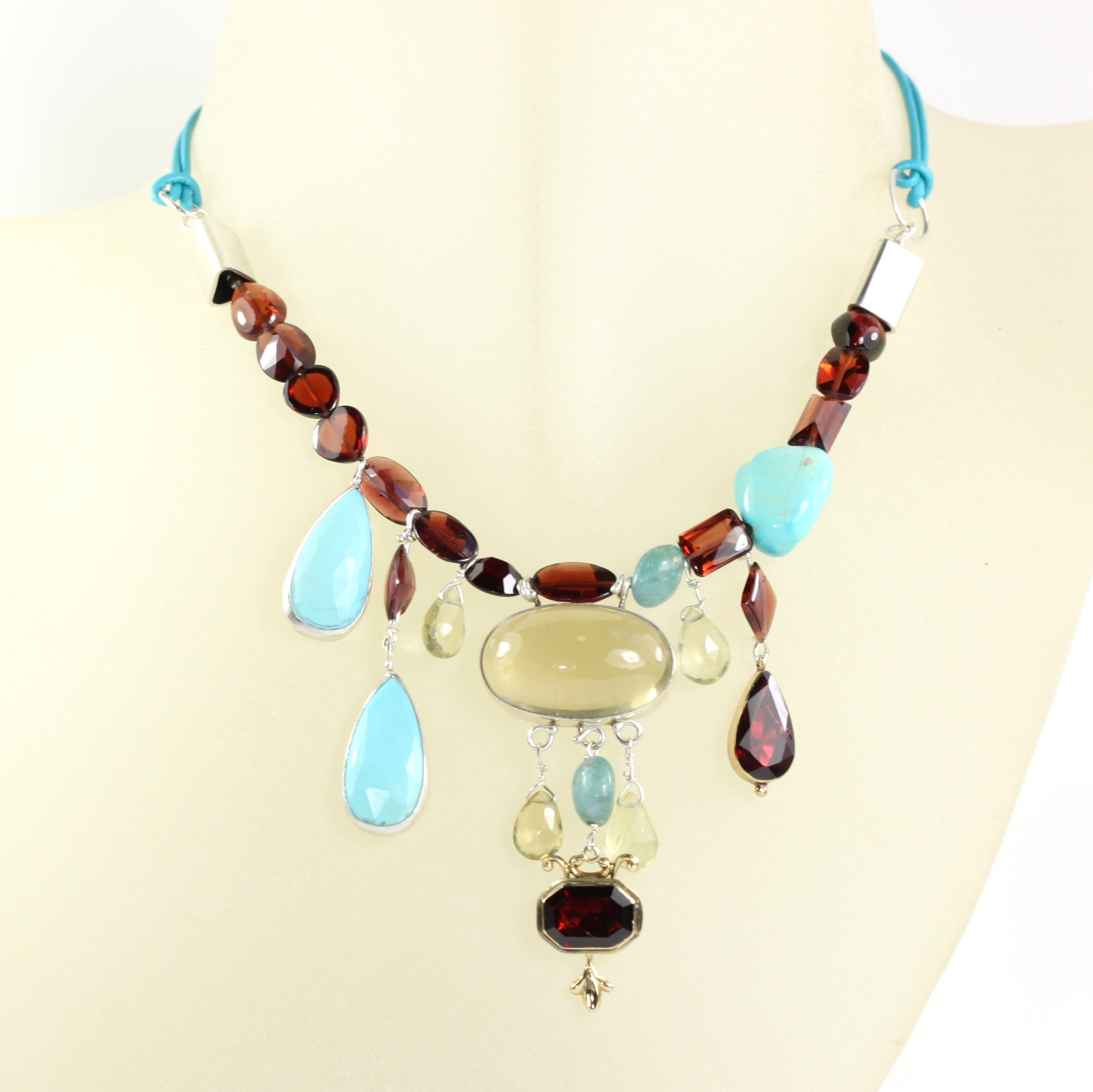 Reworked Garnet Necklace - With Lemon Quartz, Turquoise & Apatite On Leather Cord