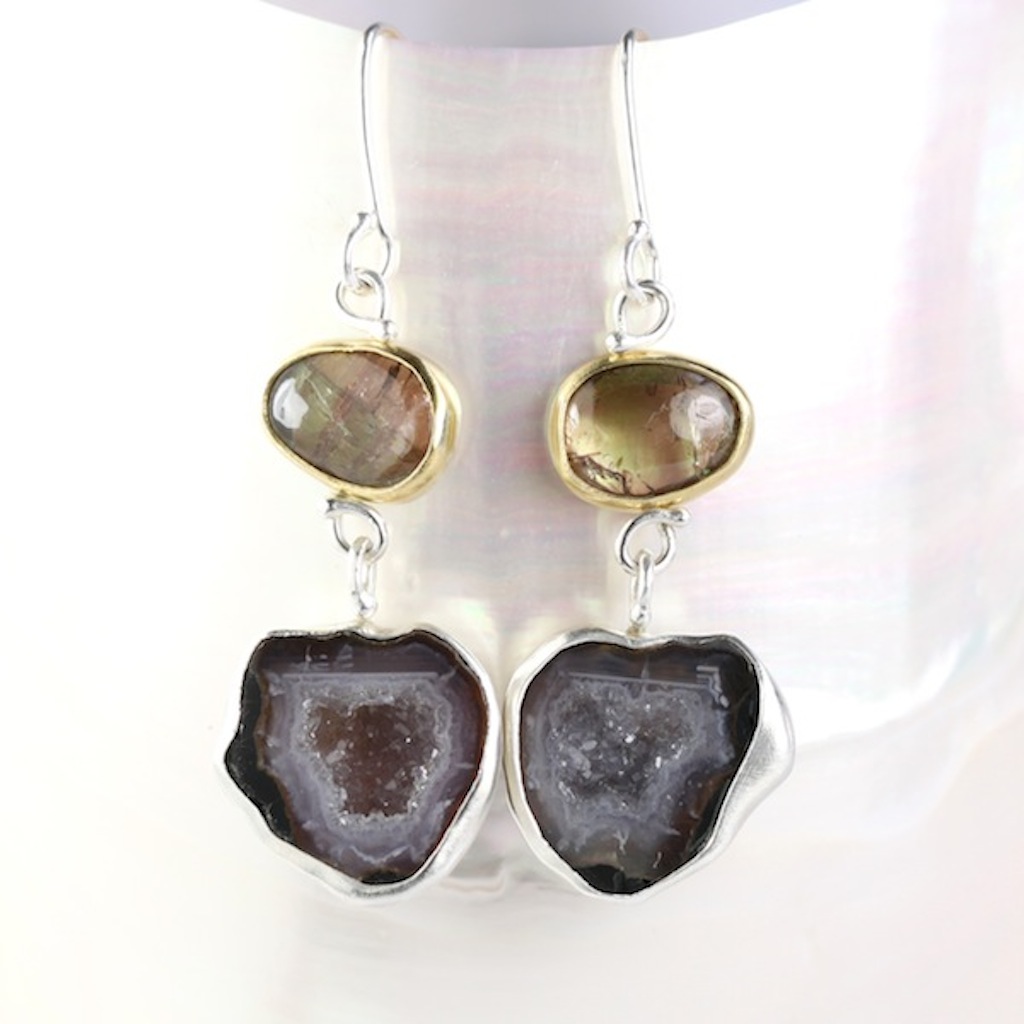 Andalusite Garnet Earrings With Baby Geode Drops