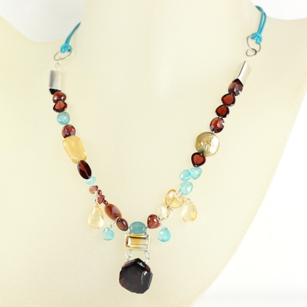 Garnet Citrine Apatite Necklace On Turquoise Leather