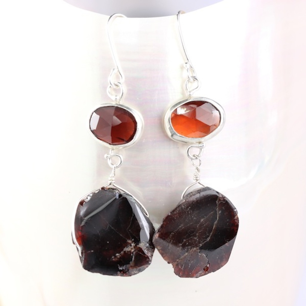 Rose Cut Red Garnet Earrings With Raw Pyrope Crystals