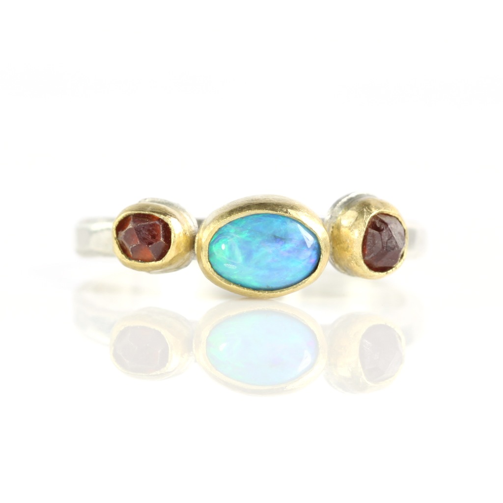 Lightning Ridge Opal & Raw Spessartite Garnet Crystal Ring