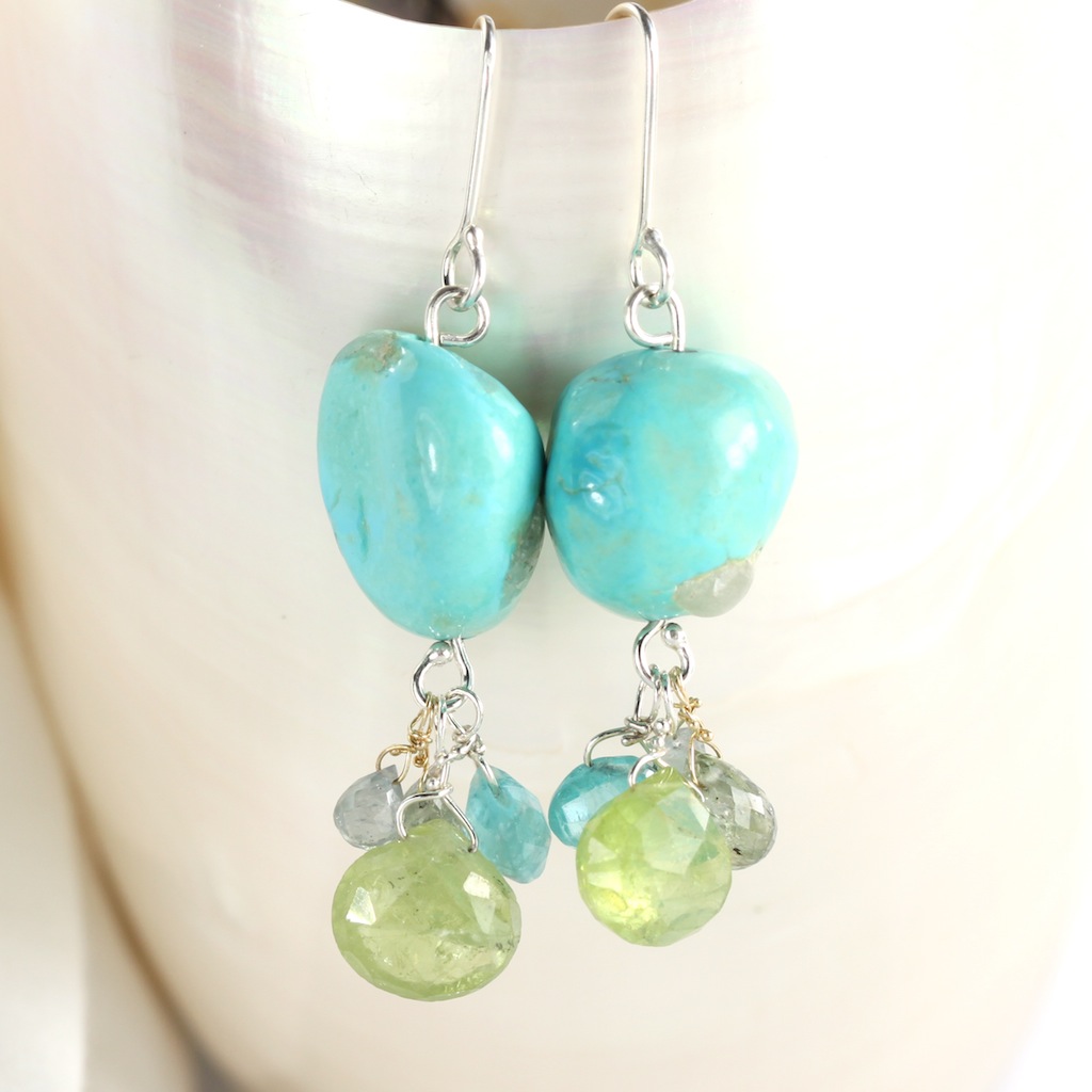 Natural Turquoise Nugget Earrings With Green Garnet, Apatite & Sapphire Briolettes