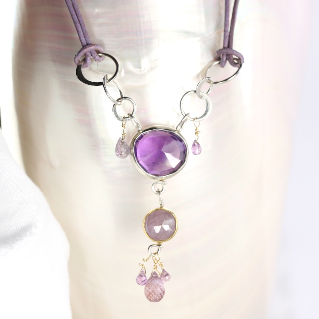 Rose Cut Amethyst & Purple Sapphire Necklace Pendant With Sapphire Briolettes