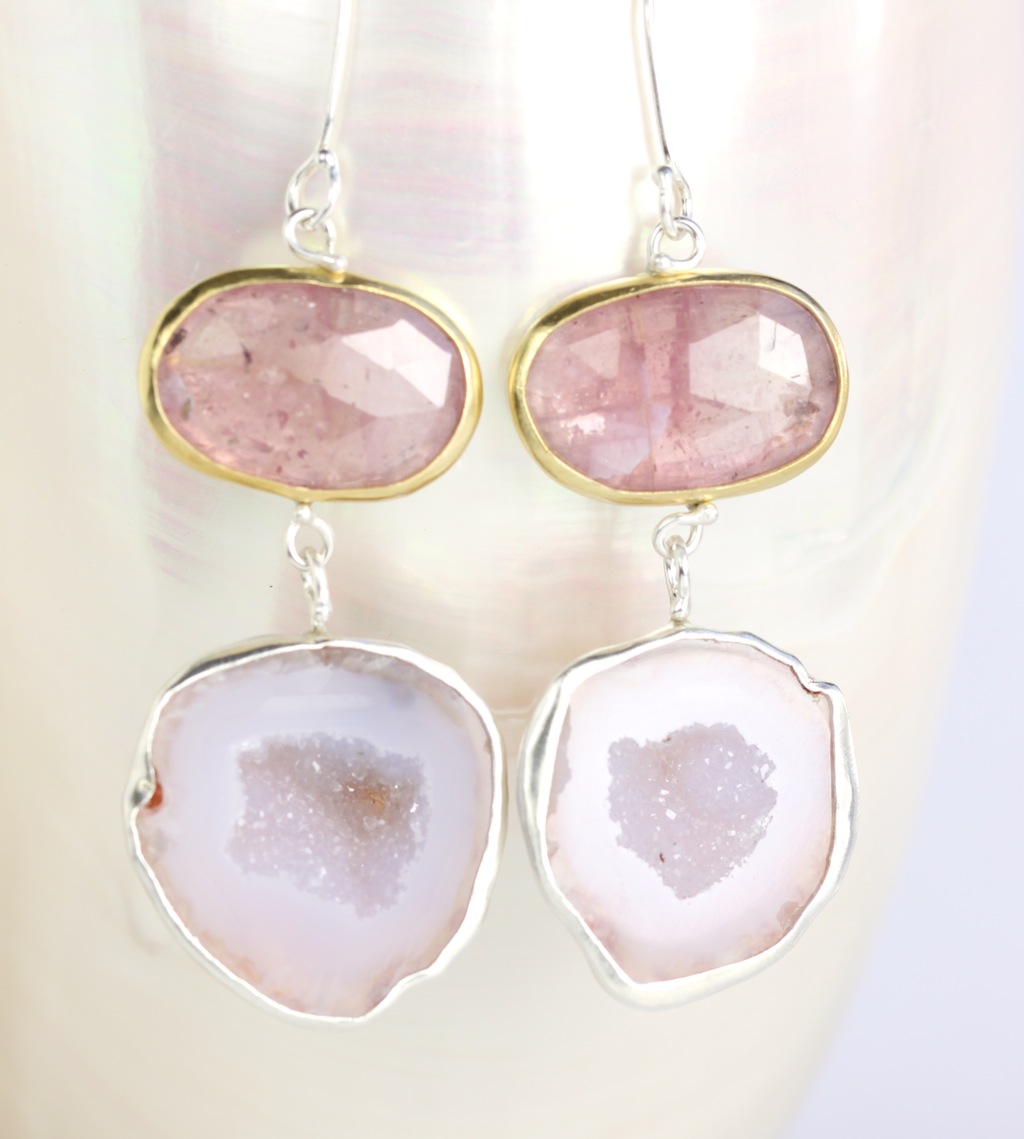 Pink Rose Cut Sapphire Earrings With Baby Geode Drops