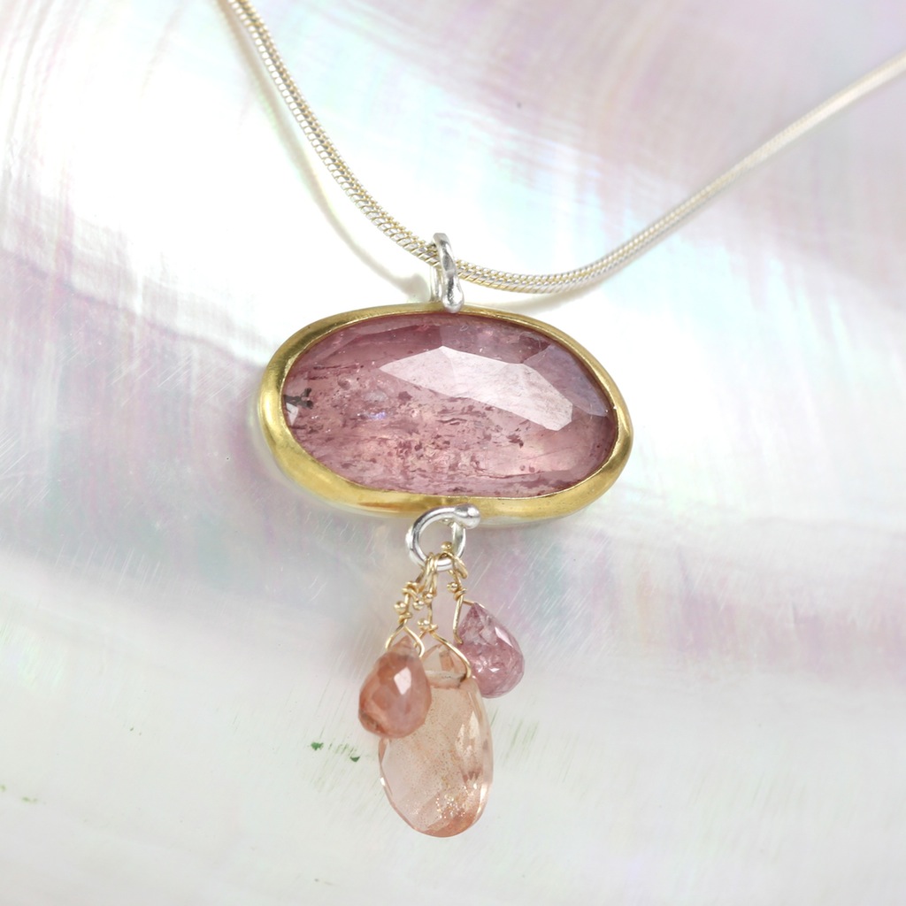 Rose Cut Pink Sapphire Pendant With Oregon Sunstone & Sapphire Briolettes