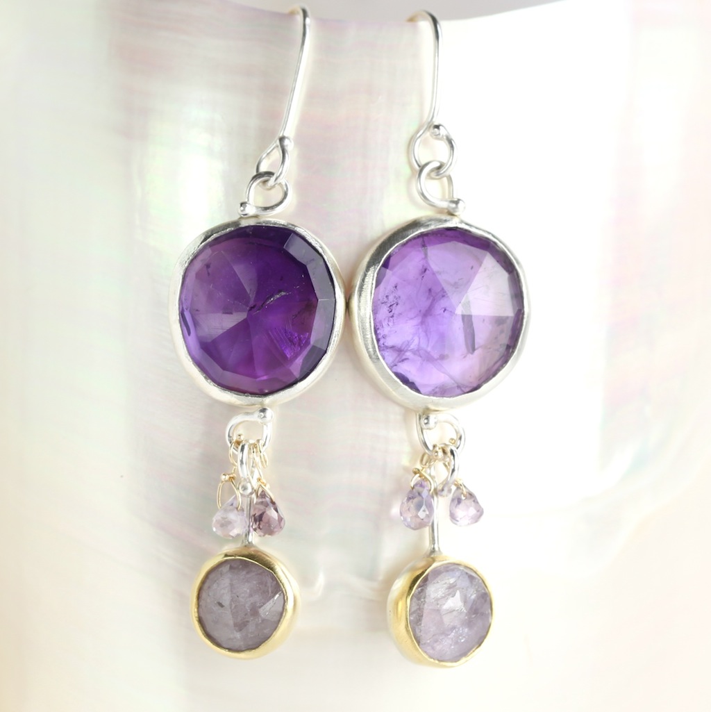 Rose Cut Amethyst & Purple Sapphire Earrings With Sapphire Briolettes