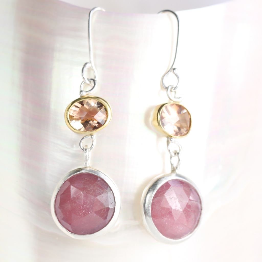 Checkerboard Cut Oregon Sunstone Earrings With Pink Rose Cut Sapphires