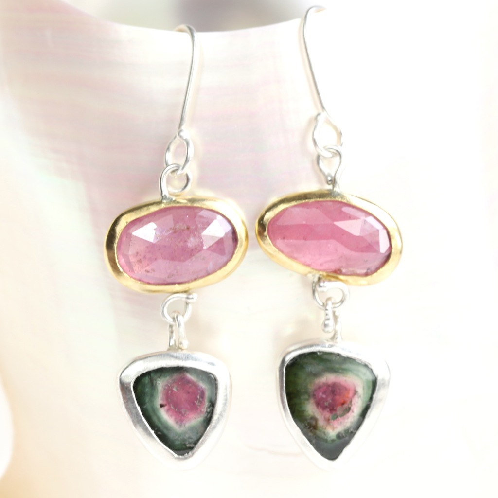 Rose Cut Pink Sapphire Earrings With Watermelon Tourmaline Slices