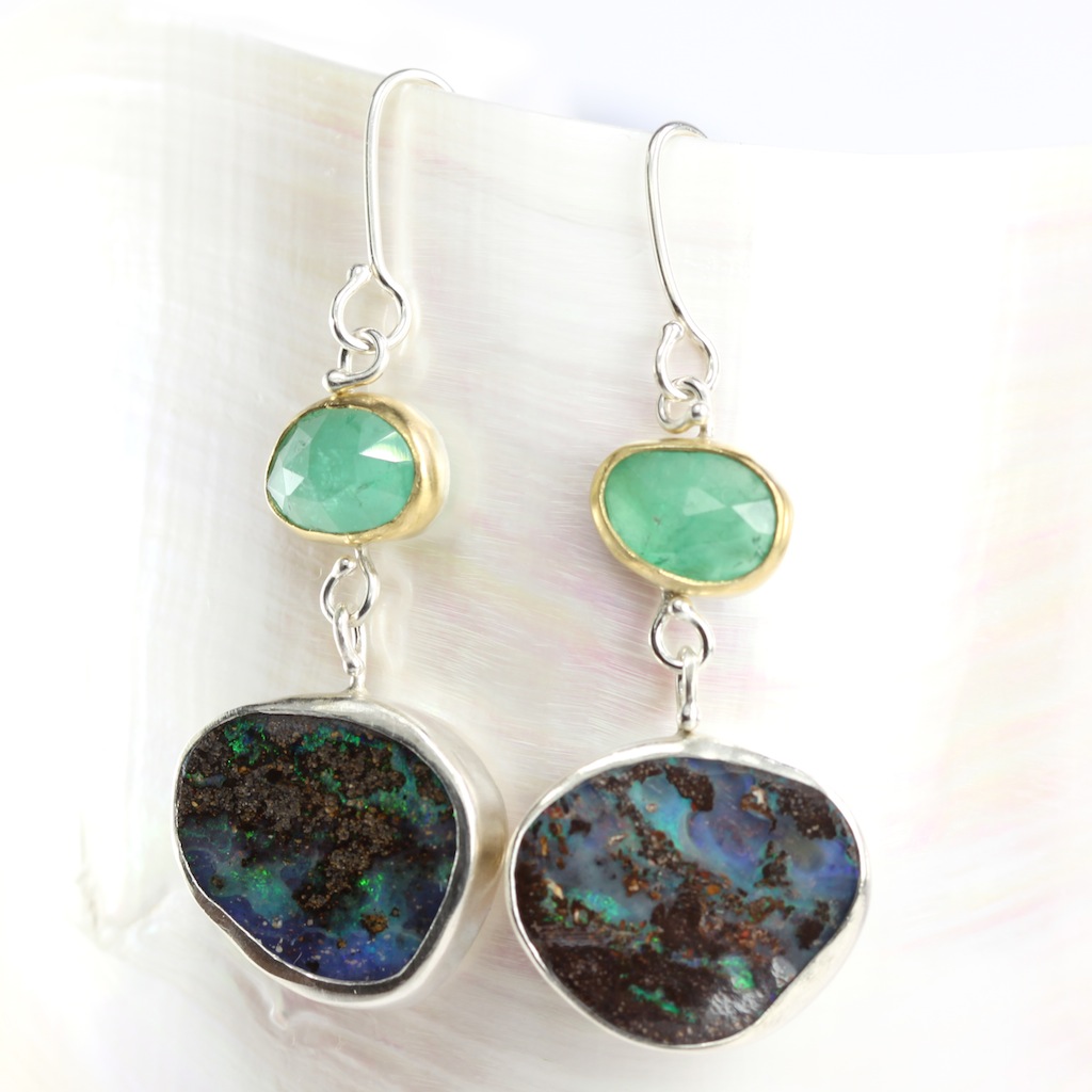 Rose Cut Emerald Earrings With Boulder Opal Drops