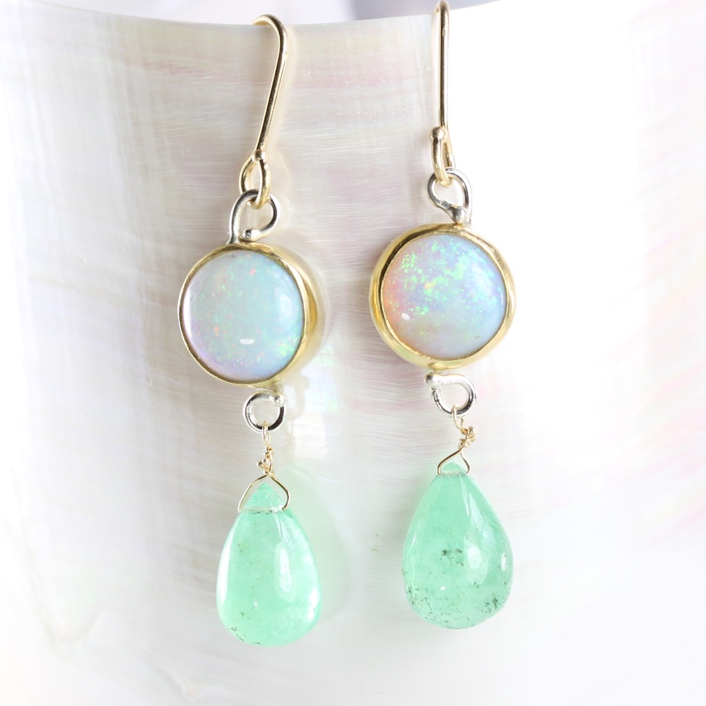 Australian Opal Earrings With Emerald Drops