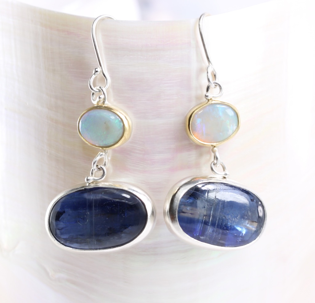 Australian Opal Earrings With Blue Kyanite Drops