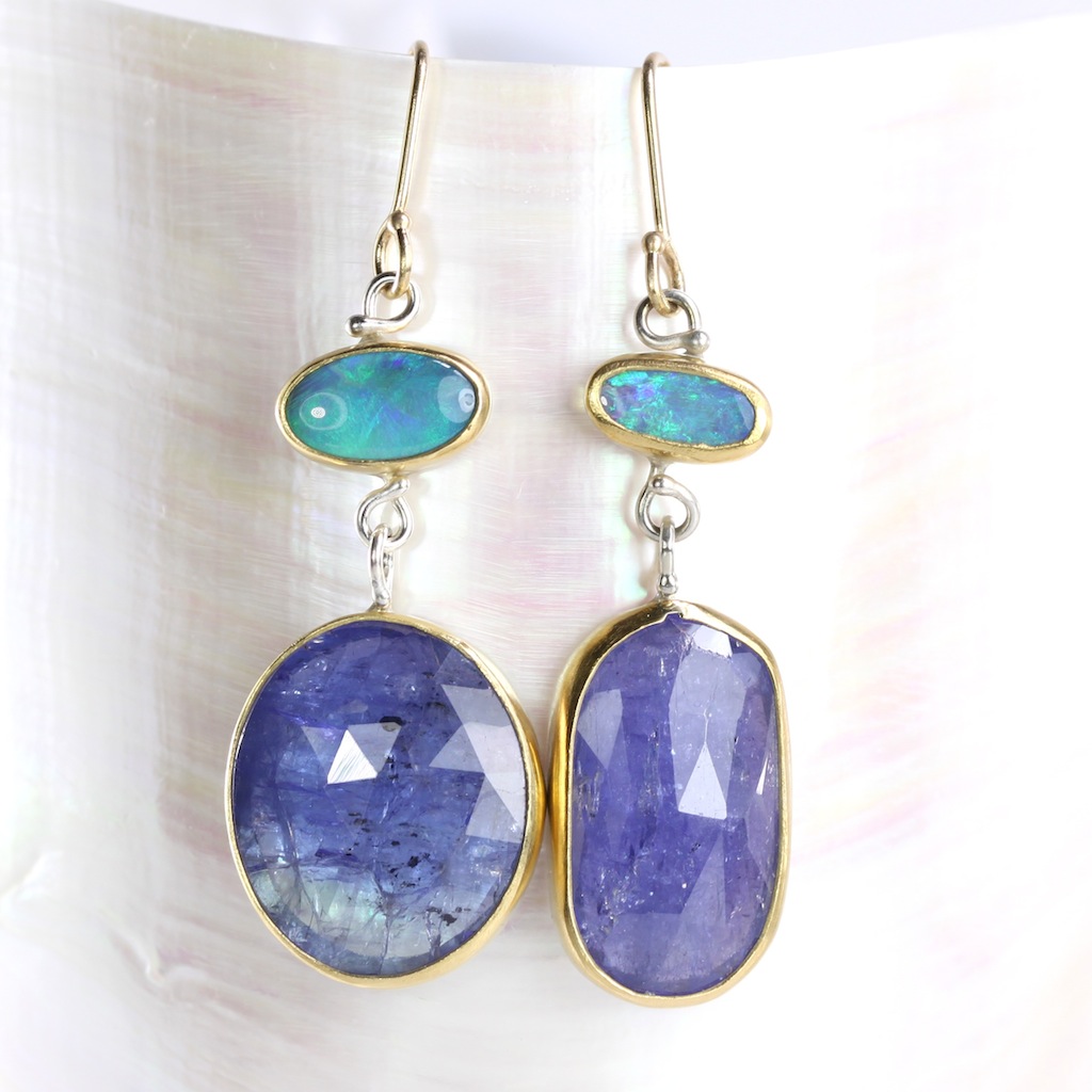 Lighting Ridge Opal Earrings With Rose Cut Tanzanite Drops