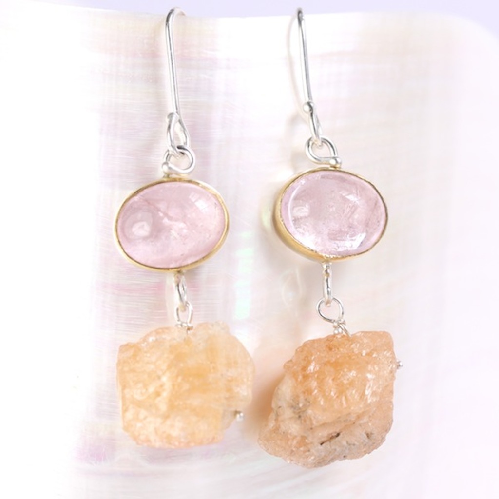 Morganite Earrings With Raw Topaz Crystal Drops