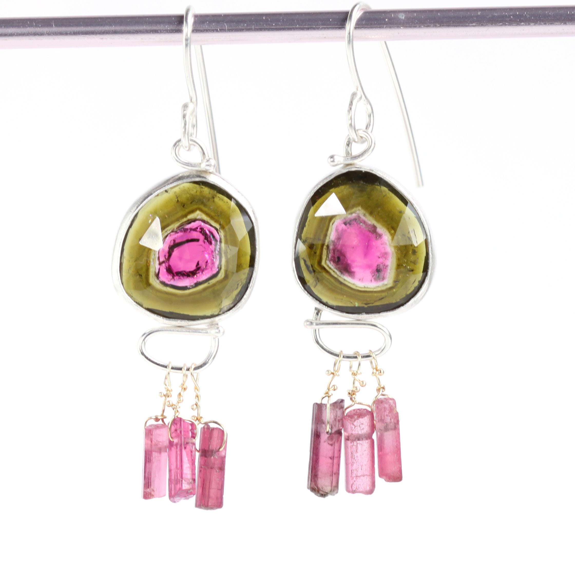 Rose Cut Watermelon Tourmaline Earrings with Raw Crystal Drops