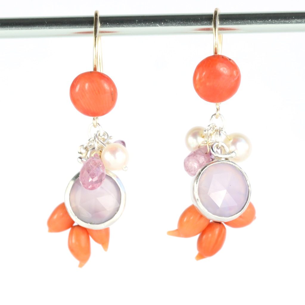 Recycled Coral Earrings with Purple Chalcedony, Sapphires & Pearls