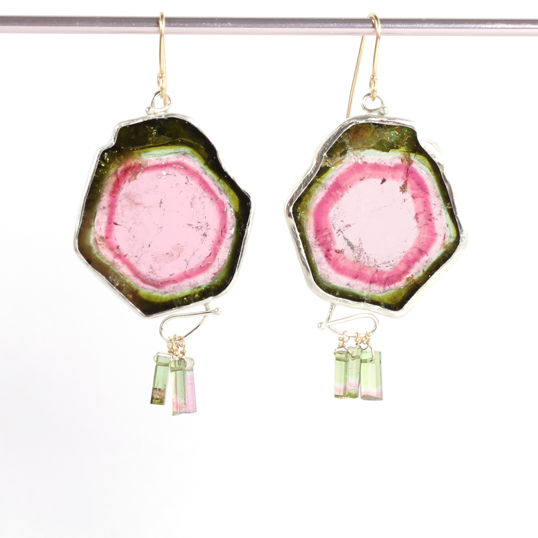 Tourmaline Slice Earrings with Raw Crystal Drops