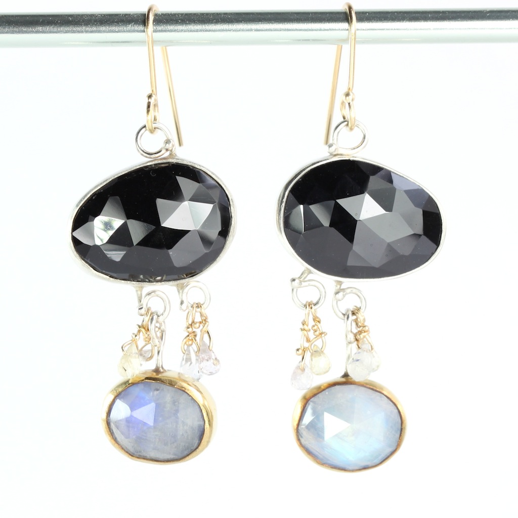 Black Spinel Earrings With Rainbow Moonstones Sapphire Briolettes