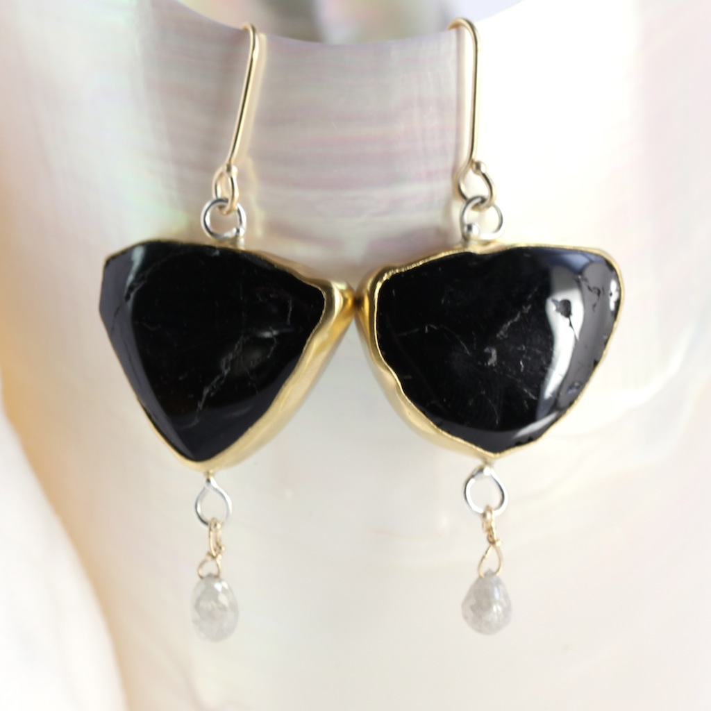 Black Tourmaline Slice Earrings With Diamond Briolette Drops