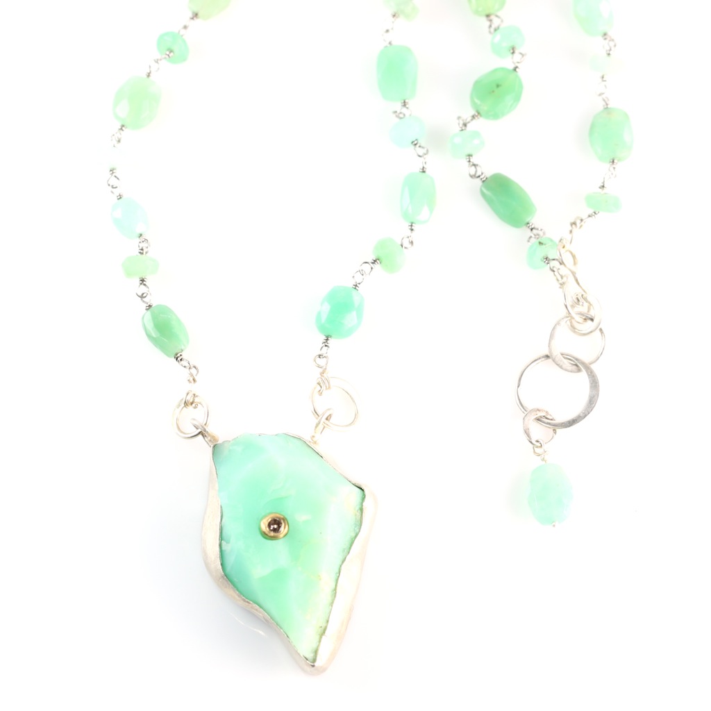 Rough Chrysoprase Pendant Necklace Set With A Diamond