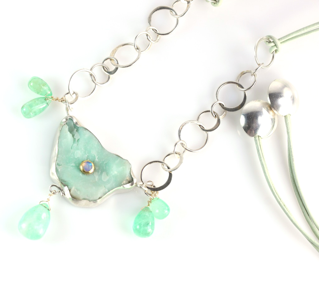 Raw Chrysoprase Pendant Necklace With Emerald Drops & Set With An Australian Opal