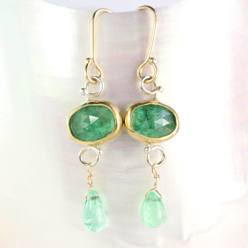 Rose Cut Emerald Earrings With Emerald Drops