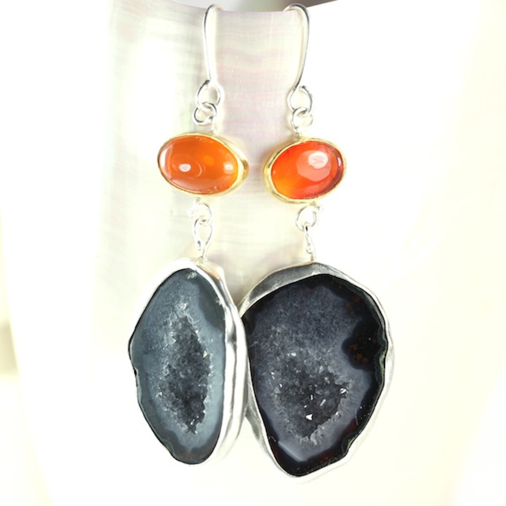 Mexican Fire Opal Earrings With Geode Drops