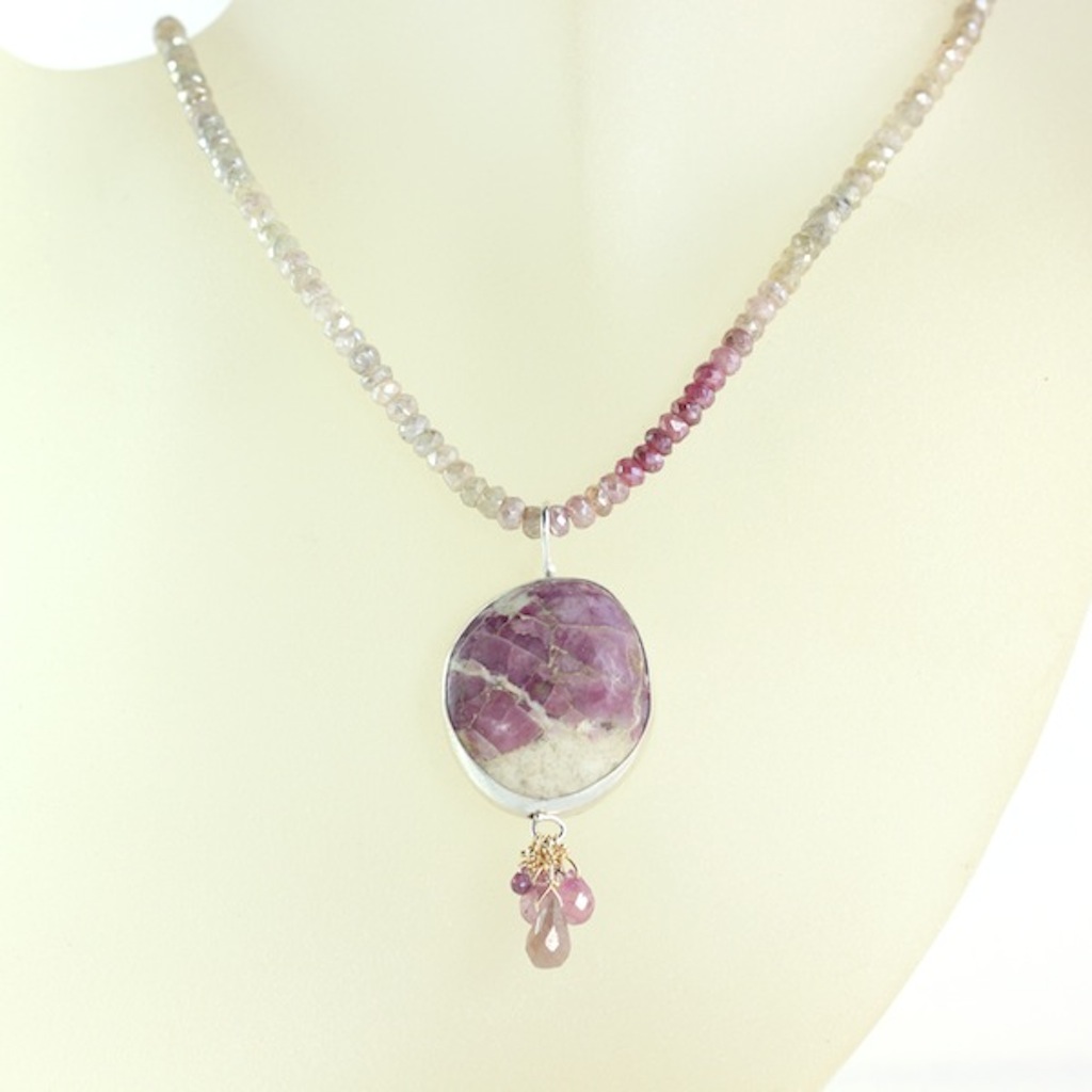 Ruby In Matrix Necklace With Pink & Umba Sapphire Briolettes On Sapphire Strand