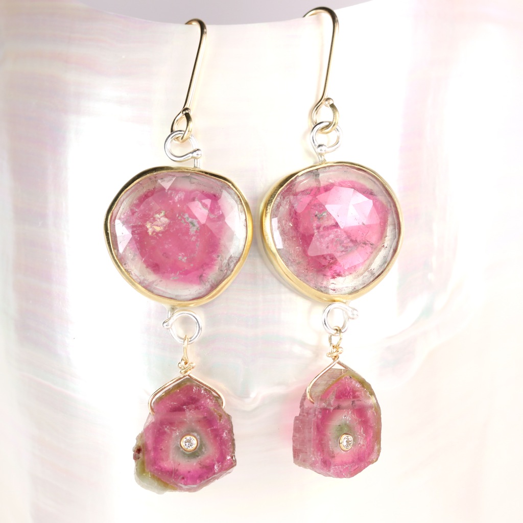 Rose Cut Tourmaline Earrings With Watermelon Slices Set With Diamonds