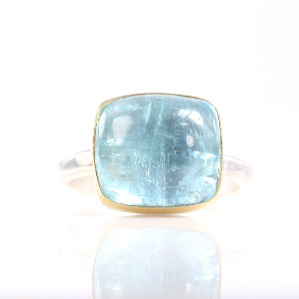 Aquamarine Square Cabochon Or Sugarloaf Cut Ring