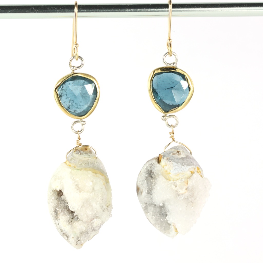 Rose Cut Indicolite (Blue Tourmaline) Earrings With Druzy Fossil Seashells