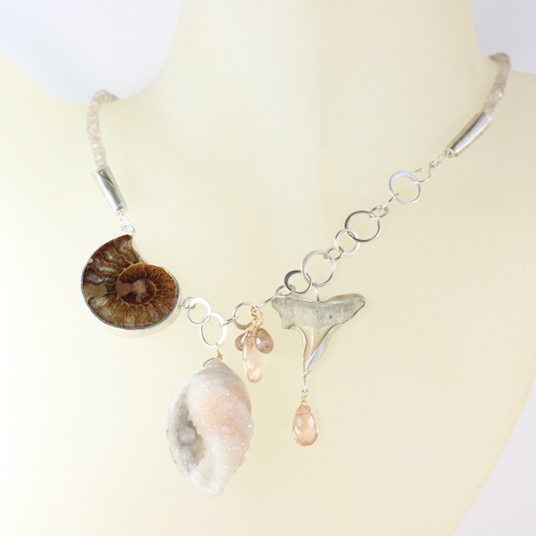 Ammonite Druzy Fossil Seashell & Shark Tooth Necklace With Oregon Sunstones & Andalusite Garnets - Strand Of Natural Zircon