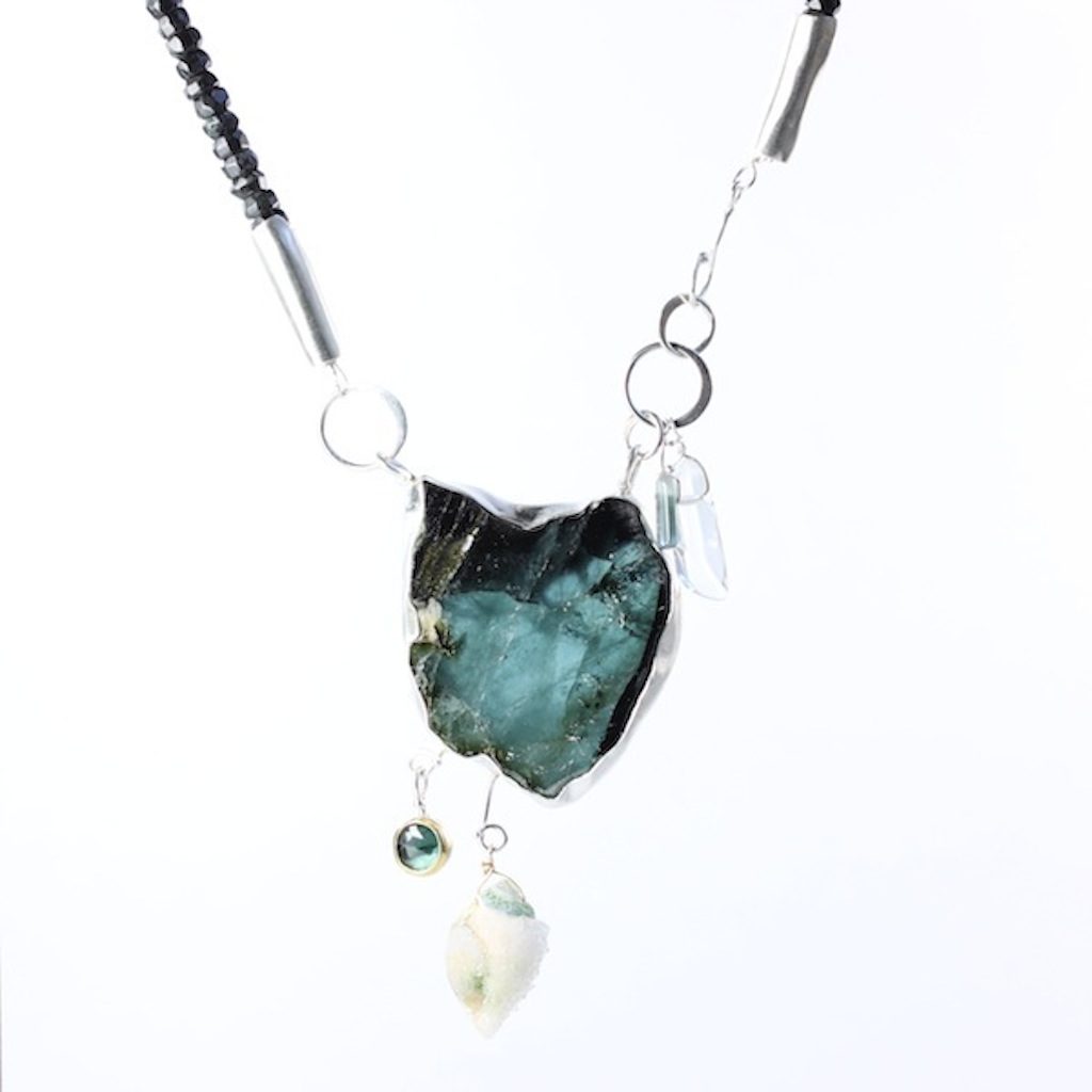 Indicolite Specimen Slice Necklace With Druzy Fossil Seashell, Blue Tourmaline Rose Cut & Crystals On Zebra Jade Strand