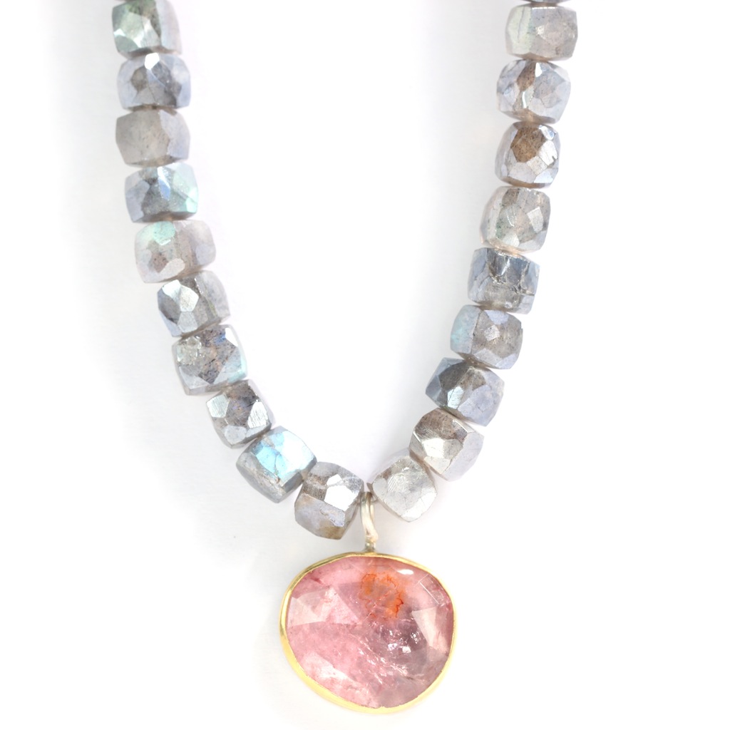 Rose Cut Pink Tourmaline Pendant Necklace On Labradorite