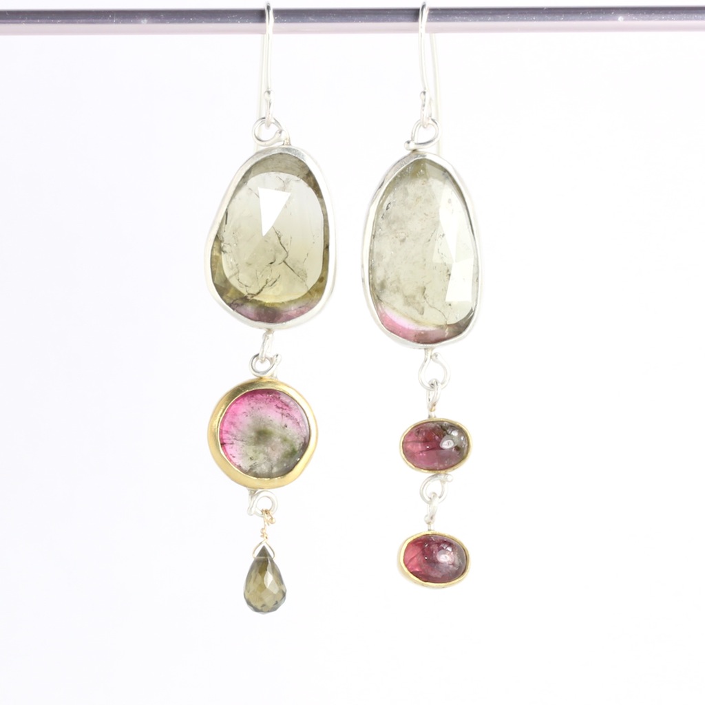 Rose Cut Tourmaline & Watermelon Tourmaline Triple Drop "Miss Matched" Earrings 