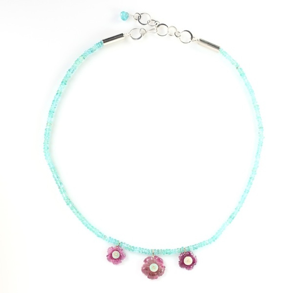 Carved Pink Tourmaline Flower Necklace With Australian Opals On Apatite Strand