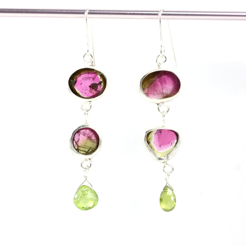 Watermelon Tourmaline Double Drop Miss Matched Earrings With Peridot Briolettes